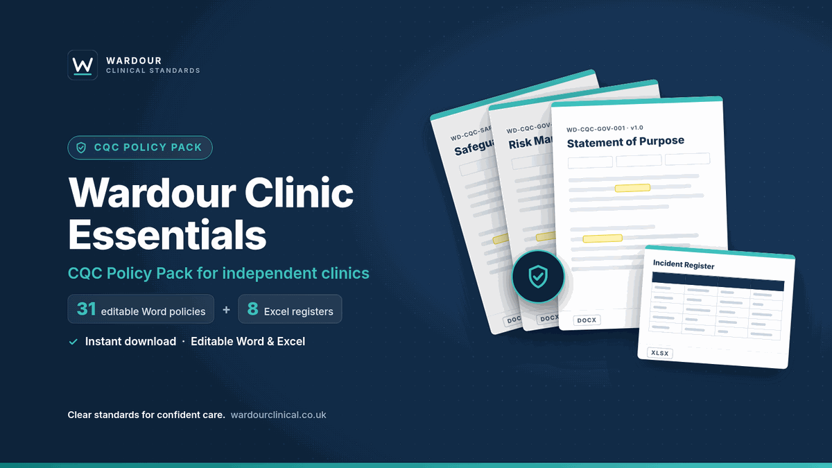 Wardour Clinic Essentials cover: CQC policy pack for independent clinics, 31 editable Word policies and 8 Excel registers