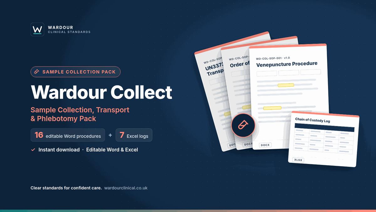 Wardour Collect cover: sample collection, transport and phlebotomy pack, 16 editable Word procedures and 7 Excel logs